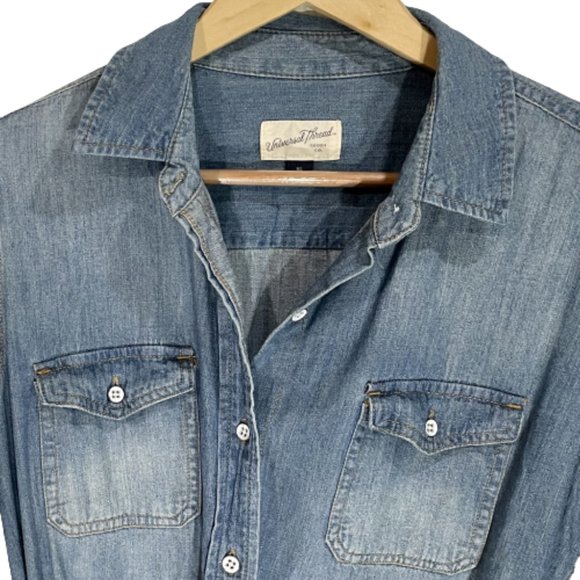 Universal Thread Blue Cotton Denim Button Front Western Dress Waist Belt Size XS - Picture 2 of 6